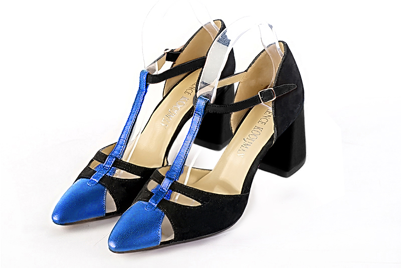 Electric blue and matt black women's T-strap open side shoes. Tapered toe. Medium flare heels. Front view - Florence KOOIJMAN